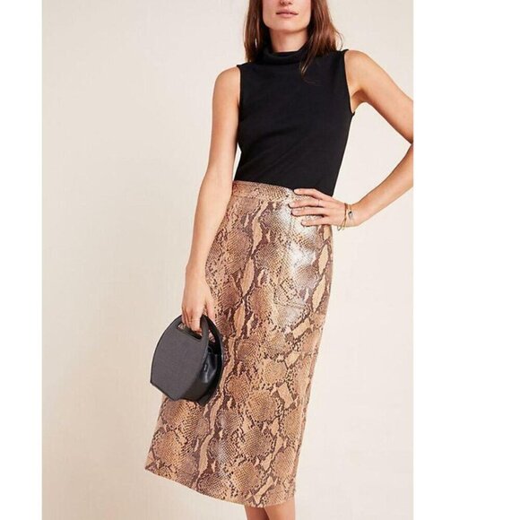 Anthropologie Vegan Faux Leather Snake Print Pencil Skirt Brown Size 12 Knee-Len